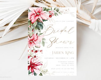 Christmas Bridal Shower Invitation Template, Delicate Poinsettia Florals, Winter Holly Berries, Holiday Bridal Shower, Instant Download