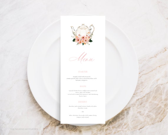 Floral Tea Party Menu Template, Editable Teapot Wedding Menu Card, Printable Bridal Shower Menu, Blush Pink Florals, Printable Menu, PPFT Il_570xn