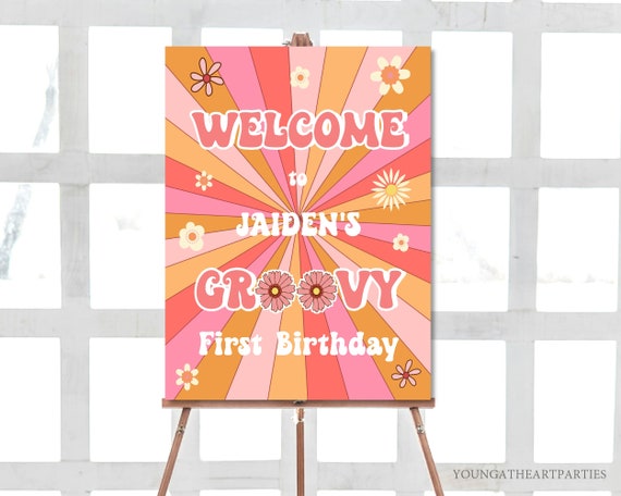 Groovy Birthday Welcome Sign Template, Retro Groovy Floral 70's Birthday Party Sign, Pink 70's Birthday Welcome Poster, Editable Template Il_570xn