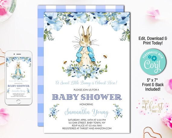 Editable Bunny Baby Shower Invitation Girl Blue Boy Peter Rabbit Invitation Spring Sprinkle Digital Corjl Template Printable Il_570xn