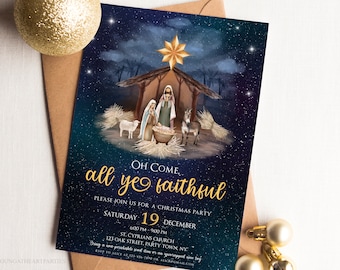 Nativity Invitation, Religious Christmas Invitation, Church Invitation, Christmas Party Invitation, Jesus Birthday, Editable Template, Corjl