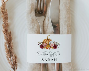 Editable Thanksgiving Napkin Wraps, Personalized Napkin Place Cards Template, So Thankful For Name Cards, Editable Dinner Name Tags, EDBF