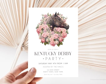 Elegant Pink Roses Kentucky Derby Party Invite Template, Horse Racing Party Invitation, Derby Party Invitation, Run for the Roses Invite