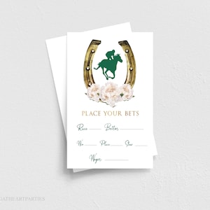Belmont Stakes paardenrace weddenschapskaartsjabloon, Derby-weddenschapskaarten, witte anjers, inzetkaarten, paardenpoolweddenschap, afdrukbare Derby-spellen