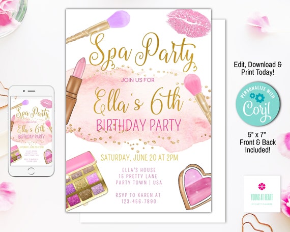 Spa Makeup Birthday Party Invitation, Editable Glam Party Invitation, Pink and Gold, Girls Spa Party, DIY Template, Makeup Party Invite Il_570xn