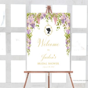 Purple Wisteria Bridal Shower Welcome Sign, English Garden Bridal Welcome Poster, Victorian Regency Bridal Shower, Cameo Silhouette, PPW