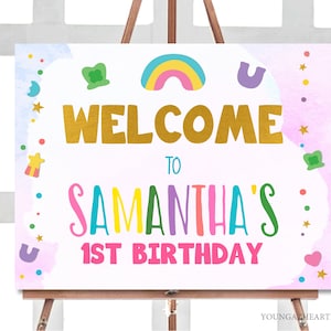 Editable Lucky Charm Birthday Welcome Sign St. Patrick's 1st Birthday Welcome Lucky Lady Pink Shamrock Four Leaf Clover Instant Download