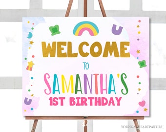 Editable Lucky Charm Birthday Welcome Sign St. Patrick's 1st Birthday Welcome Lucky Lady Pink Shamrock Four Leaf Clover Instant Download