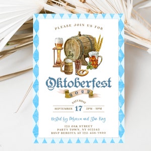EDITABLE Blue Bavarian Check Traditional Oktoberfest Invite, Oktoberfest Invitation Template, Beer & Hops Party Invitation, Instant Download