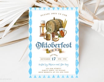 EDITABLE Blue Bavarian Check Traditional Oktoberfest Invite, Oktoberfest Invitation Template, Beer & Hops Party Invitation, Instant Download