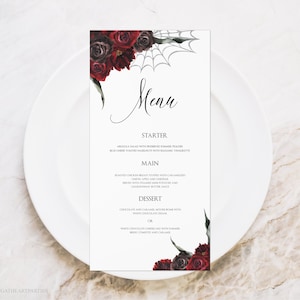 Gotische bloemen bruiloft menukaart sjabloon, bewerkbare Halloween bruiloft menukaarten, Halloween diner Party Menu, rode en zwarte rozen, HBS01
