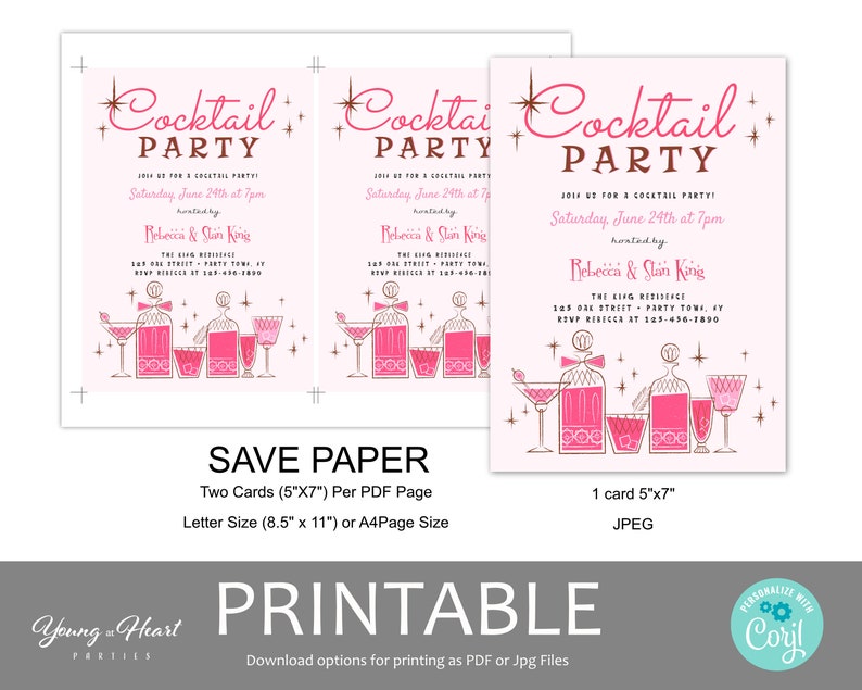 Mid Century Retro Cocktail Party Template, Editable 50s Cocktail Party Invite, Vintage Cocktail Party Invitation, Retro Pink Party Invite image 8