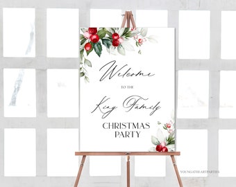 Elegant Holly Berry Christmas Welcome Sign, Watercolor Christmas Florals Welcome Poster, Holiday Party Welcome Sign, Christmas Welcome, HBC