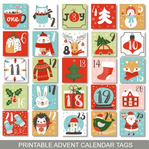 Etiquetas de Adviento de Navidad Calendario de cuenta regresiva de Navidad Tarjetas Niños Aula Descargar Etiquetas de regalo Etiquetas de regalo Descarga instantánea