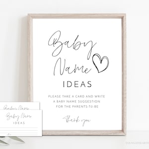 Jeu d'idées de prénoms de bébé minimaliste, suggestions de noms de bébé, enseigne et ticket, sexe neutre, baby shower imprimable, modèle modifiable, MBW11