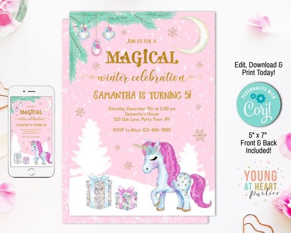 Download Christmas Unicorn Birthday Party Invitation Winter Birthday Etsy