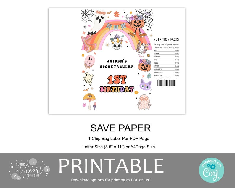 Groovy Halloween Chip Bag Template, Editable Halloween Rainbow Ghost Chip Bag Wrapper, Hippie Ghost Party Favors, Printable Download image 6