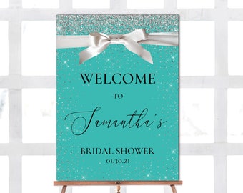 Editable Bridal Shower Welcome Sign, Bride and Co Shower Decor, Audrey Hepburn, Breakfast Theme, Paris Blue, White Satin Bow, Corjl