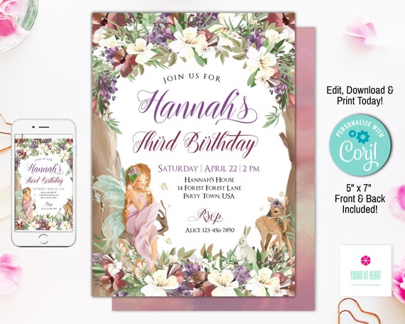 Woodland Fairy Birthday Invitation, Enchanted Forest Birthday Invite, Editable Template, Girls Magical Party, Rustic Woodland Fairy Invite Il_570xn