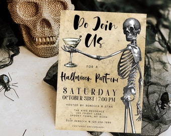 Invito di Halloween con scheletro vintage modificabile, modello di invito per una festa di Halloween per adulti, invito Part-ini di Halloween, invito per cocktail di Halloween