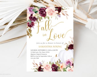 Fall in Love Bridal Shower Invitation, Blush Burgundy Floral Invitation, Autumn Bridal Shower, Editable Template, White Pumpkins, Corjl