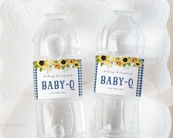 Navy Blue Gingham BabyQ Water Bottle Sticker Label, BBQ Baby Shower Water bottle Wrappers, Baby-Q Shower Water bottle Label Template