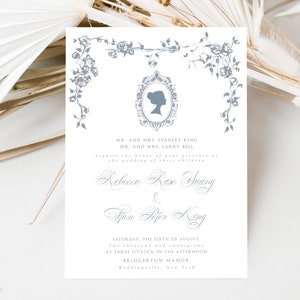 Botanical Blue Florals Wedding Invitation Template, Printable Garden Wedding Invite, French Victorian Wedding Invitation, Regency Era, Corjl