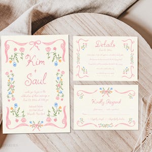 Skurrile Blumen-Handgezeichnete Hochzeitseinladung-Entwurfs-Band-Gekritzel-Illustrations-handgeschriebene Schriftart-Garten-Hochzeitsfeier laden ein, W1