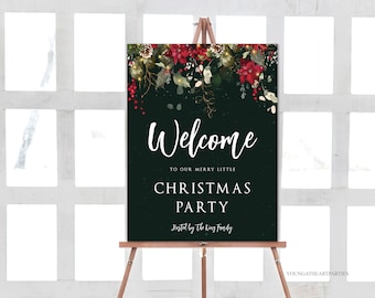 Christmas Welcome Sign Template, Editable Holiday Welcome Poster, Printable Welcome Sign, Christmas Party Welcome, Poinsettia and Lights, PL