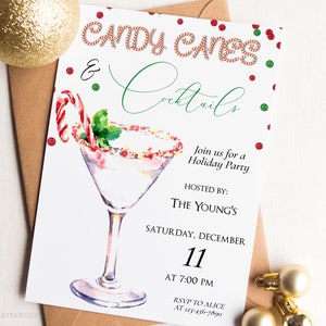 Candy Canes and Cocktails Holiday Party Invite, Adult Christmas Party Invite, Christmas Party Invitation Template, Digital, Printable