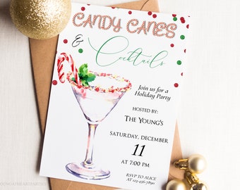 Candy Canes and Cocktails Holiday Party Invite, Adult Christmas Party Invite, Christmas Party Invitation Template, Digital, Printable