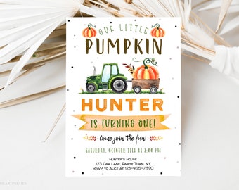 Pumpkin Tractor Birthday Invitation Template, Green Tractor Pumpkin Birthday Invitation, Fall Farm Birthday Invitation, Instant Download