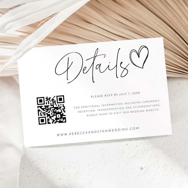 Minimalist Wedding Details Insert, Editable QR Code Details Card, Modern Wedding Details Card, RSVP Online, Printable Enclosure Card, MBW11