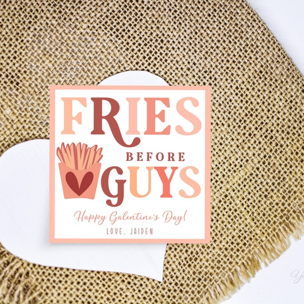 Fries Before Guys Galentine's Day Gift Tag, Retro Boho Valentines Tag Template, Groovy Valentine Printable, Instant Download, Corjl