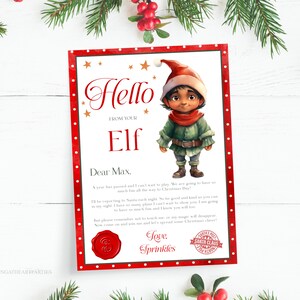 Carta editável de chegada do elfo do menino da Índia Oriental, Olá da sua carta do elfo, carta do elfo de Natal para crianças, carta imprimível do elfo do Pólo Norte
