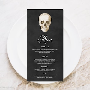 Menu Halloween tête de mort gothique modifiable, menu imprimable Spooky Dinner Party, décor de table Halloween gothique modifiable, téléchargement immédiat, Corjl