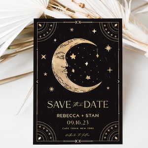 Celestial Save The Date Template, Black and Gold, Moon And Stars Save Our Date Card, Editable Boho Lunar Wedding, Printable Download