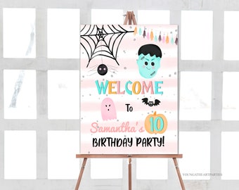 Pastel Halloween Party Welcome Sign Template, Editable Girls Pink Halloween Birthday Welcome Poster, Halloween Party Decorations, PH01