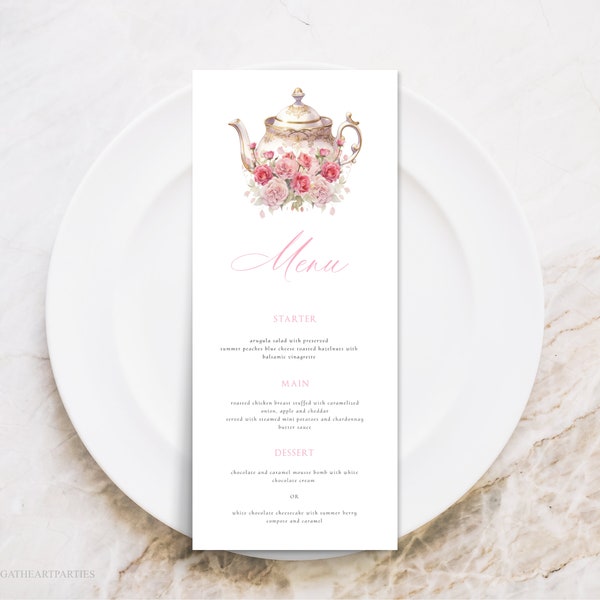 Victorian Tea Party Menu Template, Editable Teapot Menu Card, Printable Bridal Shower Menu, Pink Florals Tea Menu, Printable Menu, PKC