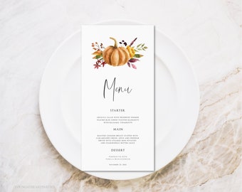 Thanksgiving Dinner Menu Template, Editable Floral Pumpkin Menu Card, Thanksgiving Menu, Autumn Menu, Instant Download, Corjl, EDBF