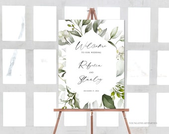 Sage Green Winter Florals Wedding Welcome Sign, Modern Christmas Party Welcome Poster Template, Green Holly Winter Berries, Instant Download