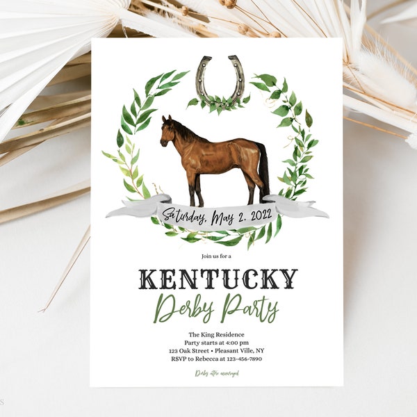 Kentucky Derby Party Invitation Template, Horse Racing Party Invite, Derby Party Invite, Greenery Invitation, Editable Invitation Template