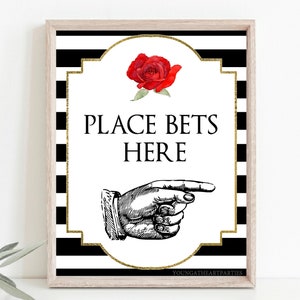 Kentucky Derby Place Your Bets Party Sign, Derby Party Printables, Horse Racing Betting Sign, Instant Download, Red Rose, Striped Background