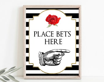 Kentucky Derby Place Your Bets Party Sign, Derby Party Printables, Horse Racing Betting Sign, Instant Download, Red Rose, Striped Background