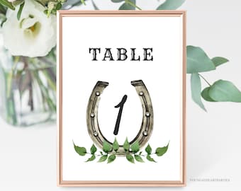 Kentucky Derby Party Table Numbers Template, Editable Horse Race Party Table Cards, Greenery Derby Decor, Horse Shoe Table Numbers, Corjl