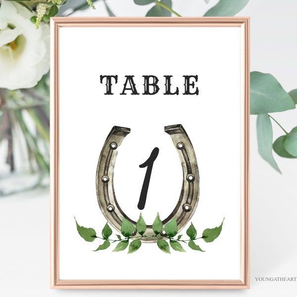 Kentucky Derby Party Table Numbers Template, Editable Horse Race Party Table Cards, Greenery Derby Decor, Horse Shoe Table Numbers, Corjl