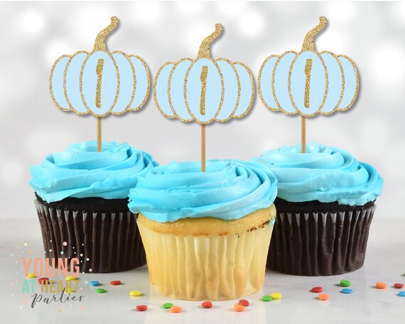 Little Pumpkin Cupcake Toppers, Blue and Gold Pumpkin Cupcake Toppers, Blue and Gold Pumpkin 1st Birthday, Printable, Instant Download Il_570xn
