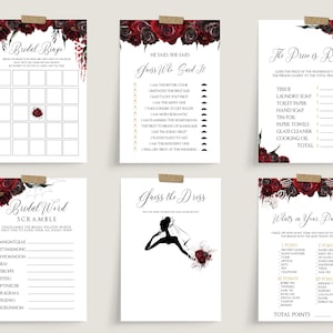 Gothic Bridal Shower Games Bundle Template, Editable Halloween Bridal Games Set, October Bridal Shower, Elegant Red Black Florals, HBS01