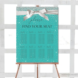 Editable Bride & Co. Bridal Shower Seating Chart, Breakfast at Theme Table Seating Chart, Teal Blue, White Satin Bow Seating Chart Poster