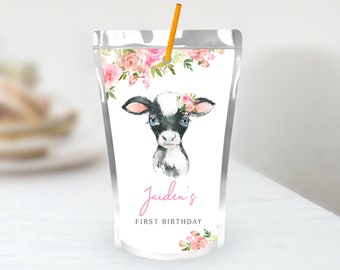 Pink Cow Birthday Party Juice Pouch Labels Template, Floral Holy Cow I'm One Birthday Decor, Girl's Farm Cow 1st Birthday, Editable Template